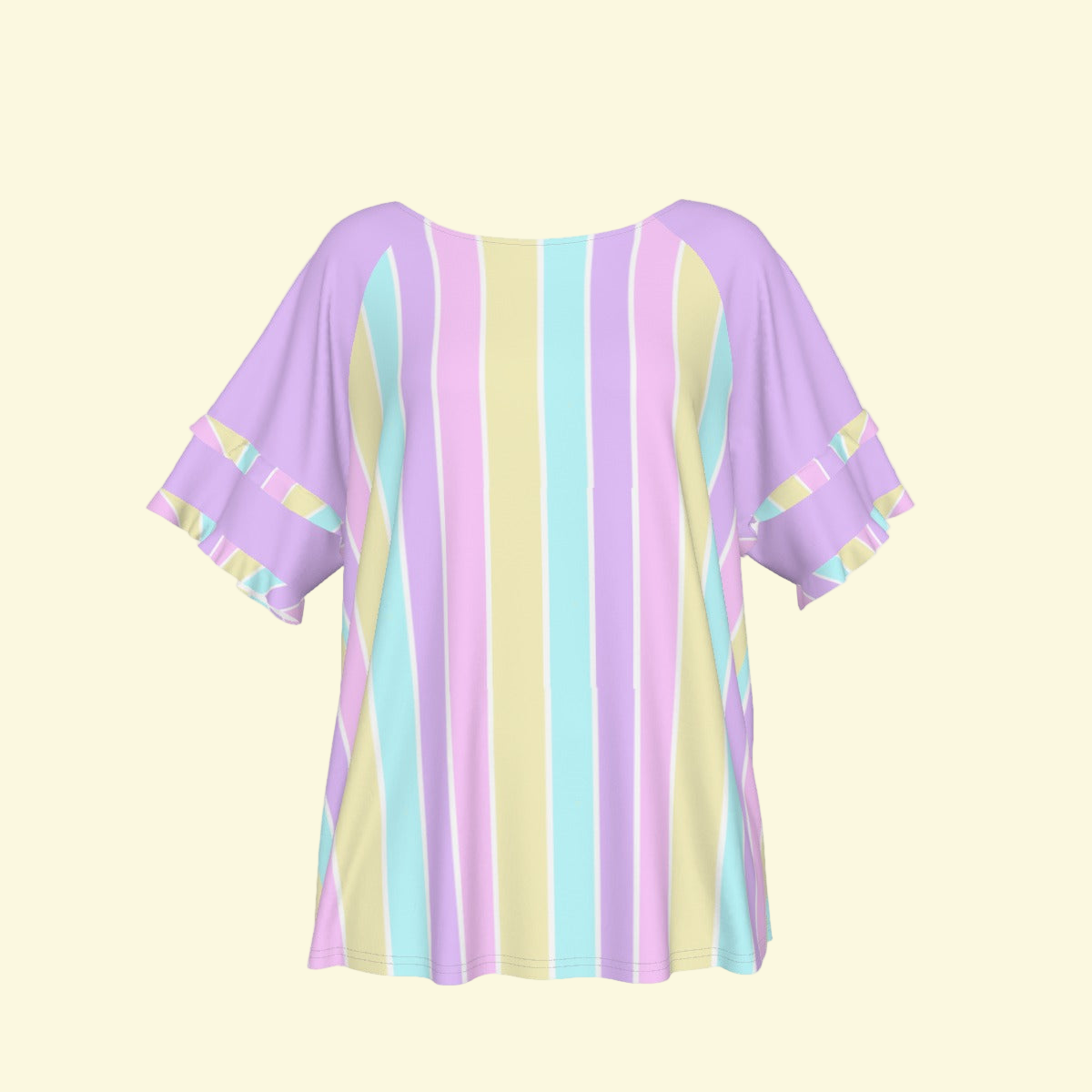 Pastel Stripes Purple Round Neck Raglan Sleeve Ruffle Frill T-Shirt