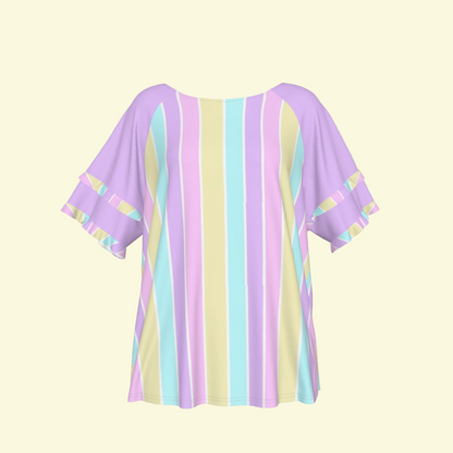 Pastel Stripes Purple Round Neck Raglan Sleeve Ruffle Frill T-Shirt