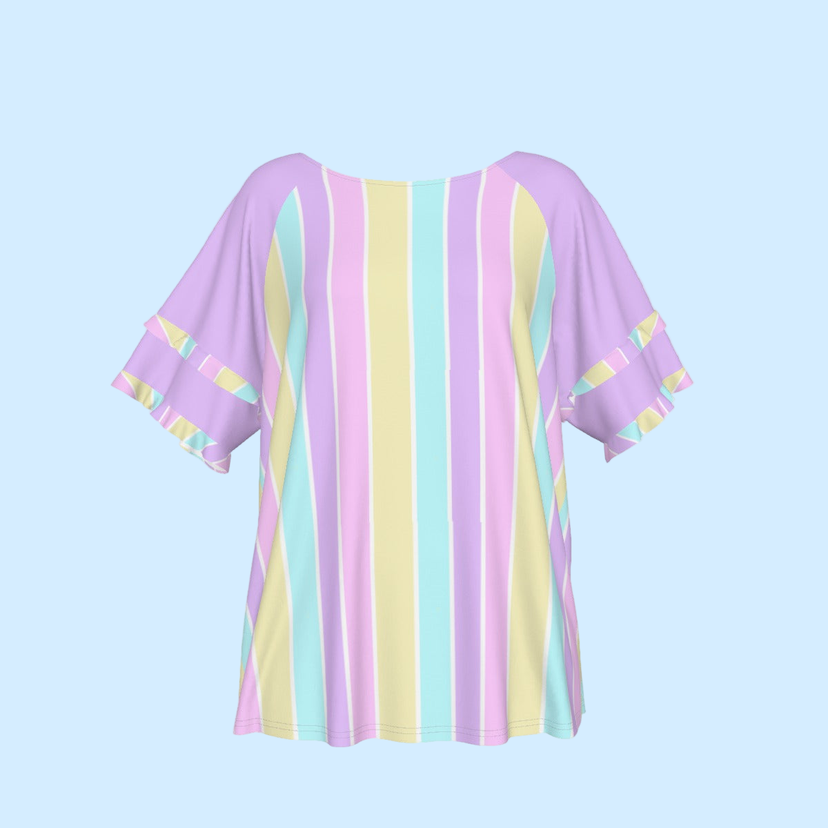 Pastel Stripes Purple Round Neck Raglan Sleeve Ruffle Frill T-Shirt
