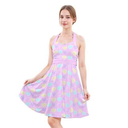 Sweet Love Hearts Pink Sweetheart Halter Swing Skater Dress With Pockets
