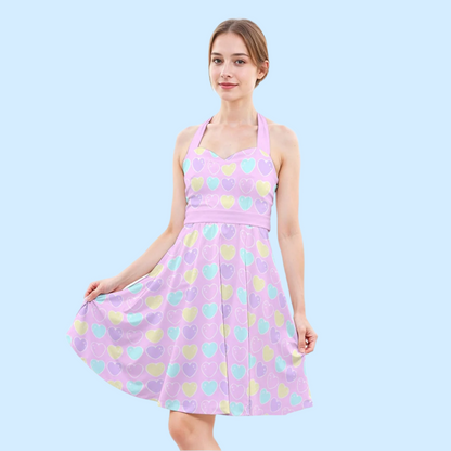 Sweet Love Hearts Pink Sweetheart Halter Swing Skater Dress With Pockets