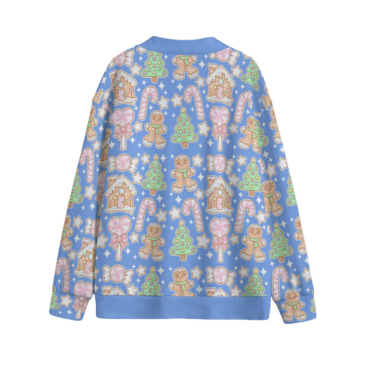 Kawaii Christmas Unisex V-Neck Knitted Fleece Button Up Cardigan With Pockets (Blueberry Candy)