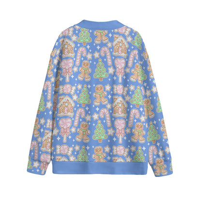 Kawaii Christmas Unisex V-Neck Knitted Fleece Button Up Cardigan With Pockets (Blueberry Candy)