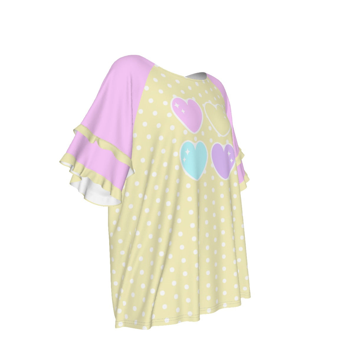 Sweet Love Hearts Yellow Round Neck Raglan Sleeve Ruffle Frill T-Shirt (Polka Dots)