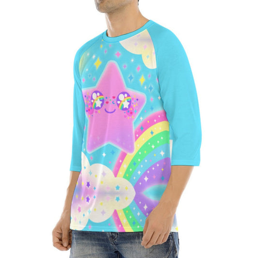 Rainbow Decora Star Unisex Raglan 3/4 Sleeve T-shirt (Blue)