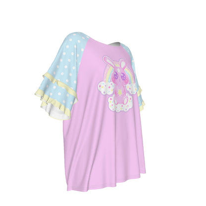 Wishing Bunny Pink Round Neck Raglan Sleeve Ruffle Frill T-Shirt