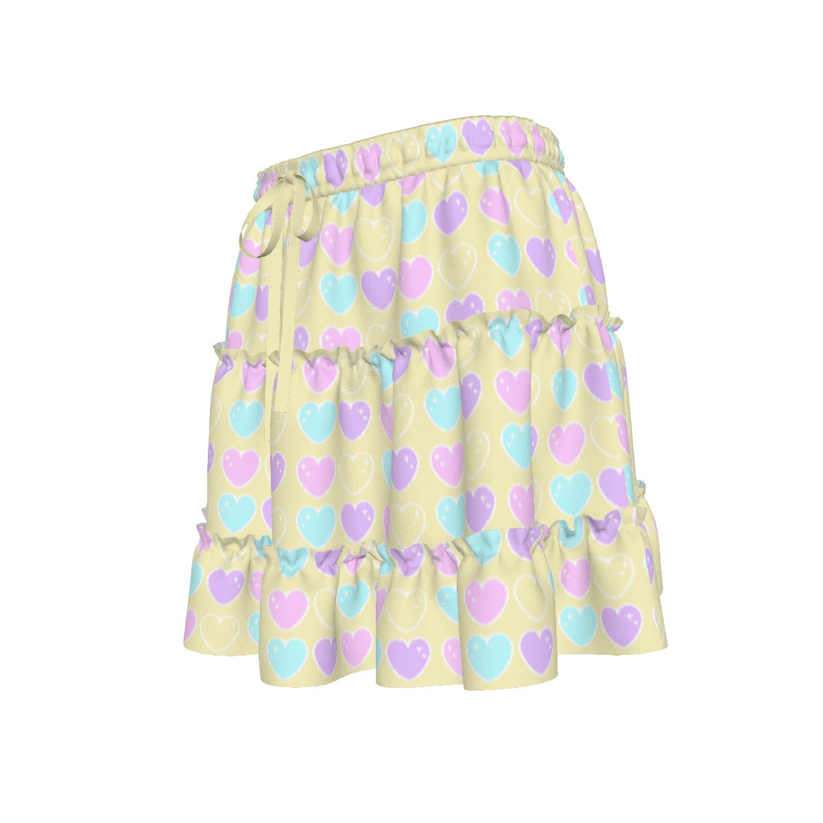 Sweet Love Hearts Yellow Waist Tie Tiered Ruffle Mini Skirt