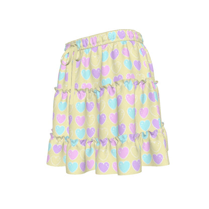 Sweet Love Hearts Yellow Waist Tie Tiered Ruffle Mini Skirt