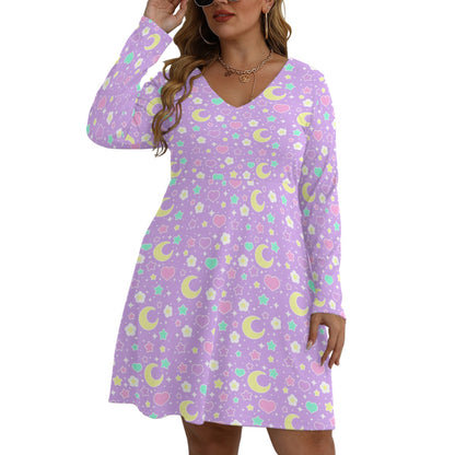 Magical Spring Purple Women's V-Neck Long Sleeve Dress (Plus Size)