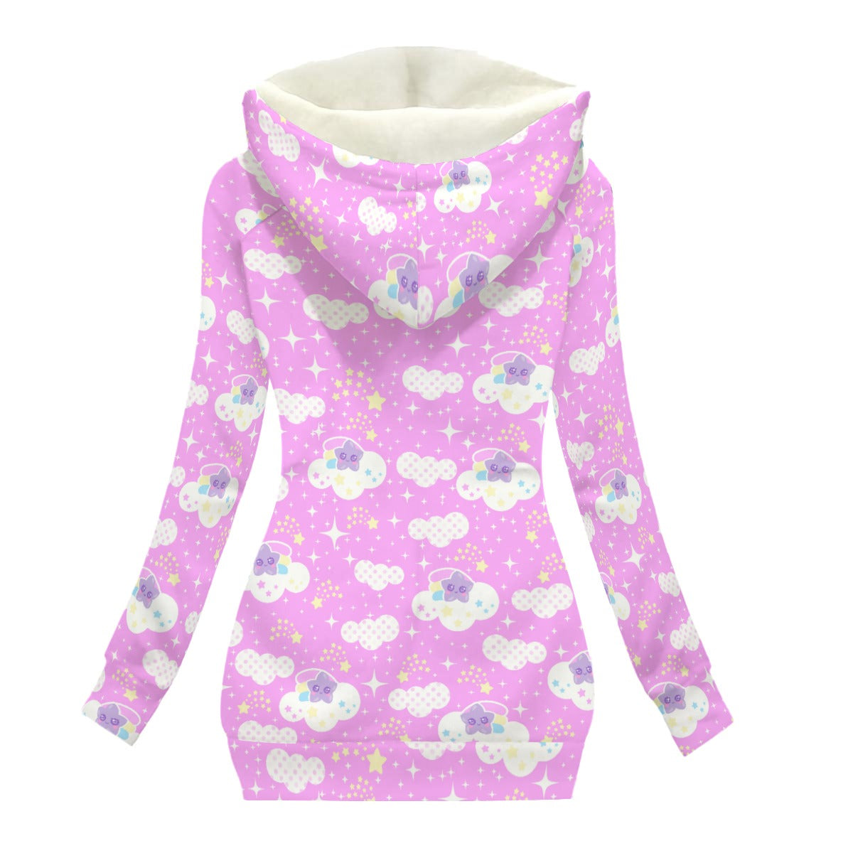 Shooting Star Clouds Women's Oblique Zipper Hoodie Jacket With Fleece Lining (Pink)