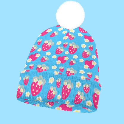 Strawberry Cutie Knitted Beanie Hat With Pom-Pom (Soda Pop Fruity Berry Blue)