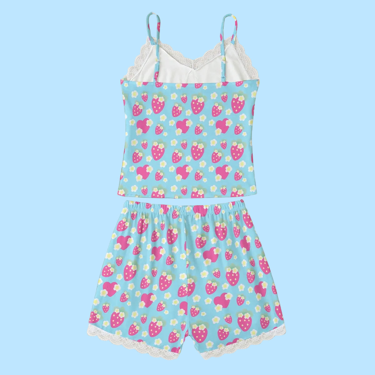Strawberry Cutie Women's Cami & Shorts Lounge Wear Pajama Set With Lace Trim (Fruity Berry Blue)