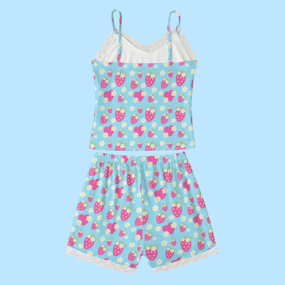 Strawberry Cutie Women's Cami & Shorts Lounge Wear Pajama Set With Lace Trim (Fruity Berry Blue)