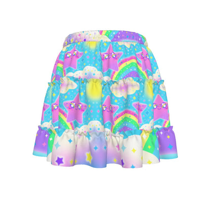 Rainbow Decora Star Waist Tie Tiered Ruffle Mini Skirt