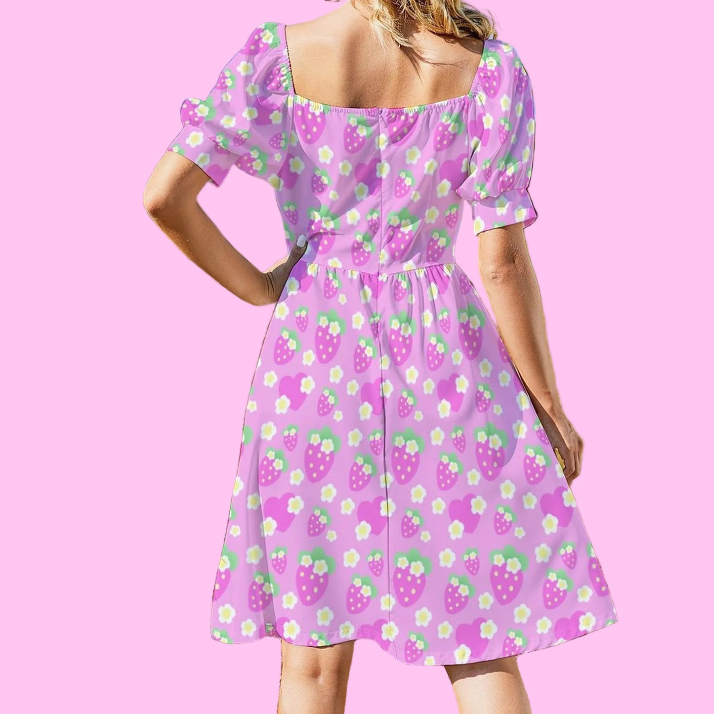 Strawberry Cutie Women's Sweetheart Neckline Puff Short Sleeve A-line Mini Dress (Fruity Berry Pink)