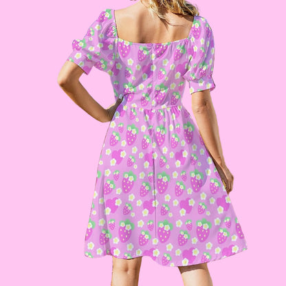 Strawberry Cutie Women's Sweetheart Neckline Puff Short Sleeve A-line Mini Dress (Fruity Berry Pink)