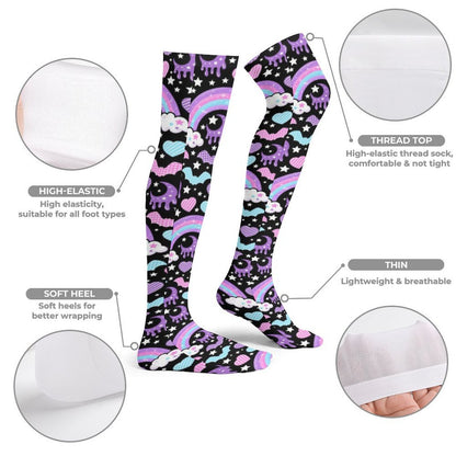 Rainbow Spooky Bats Over Knee Stocking Socks (Black)