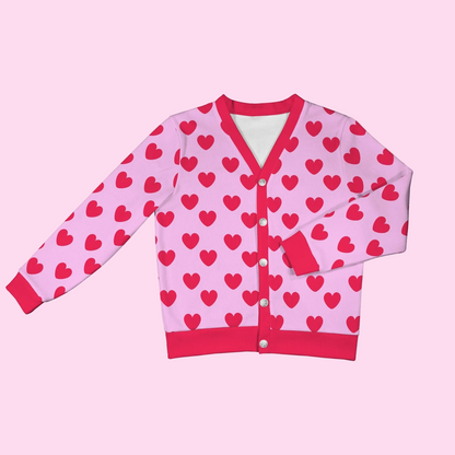Sweet Love Hearts Ribbed Button Up Cardigan (Red x Pink)