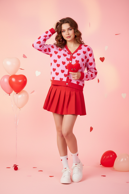 Sweet Love Hearts Ribbed Button Up Cardigan (Red x Pink)