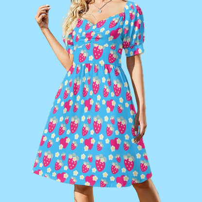 Strawberry Cutie Women's Sweetheart Neckline Puff Short Sleeve A-line Mini Dress (Soda Pop Fruity Berry Blue)