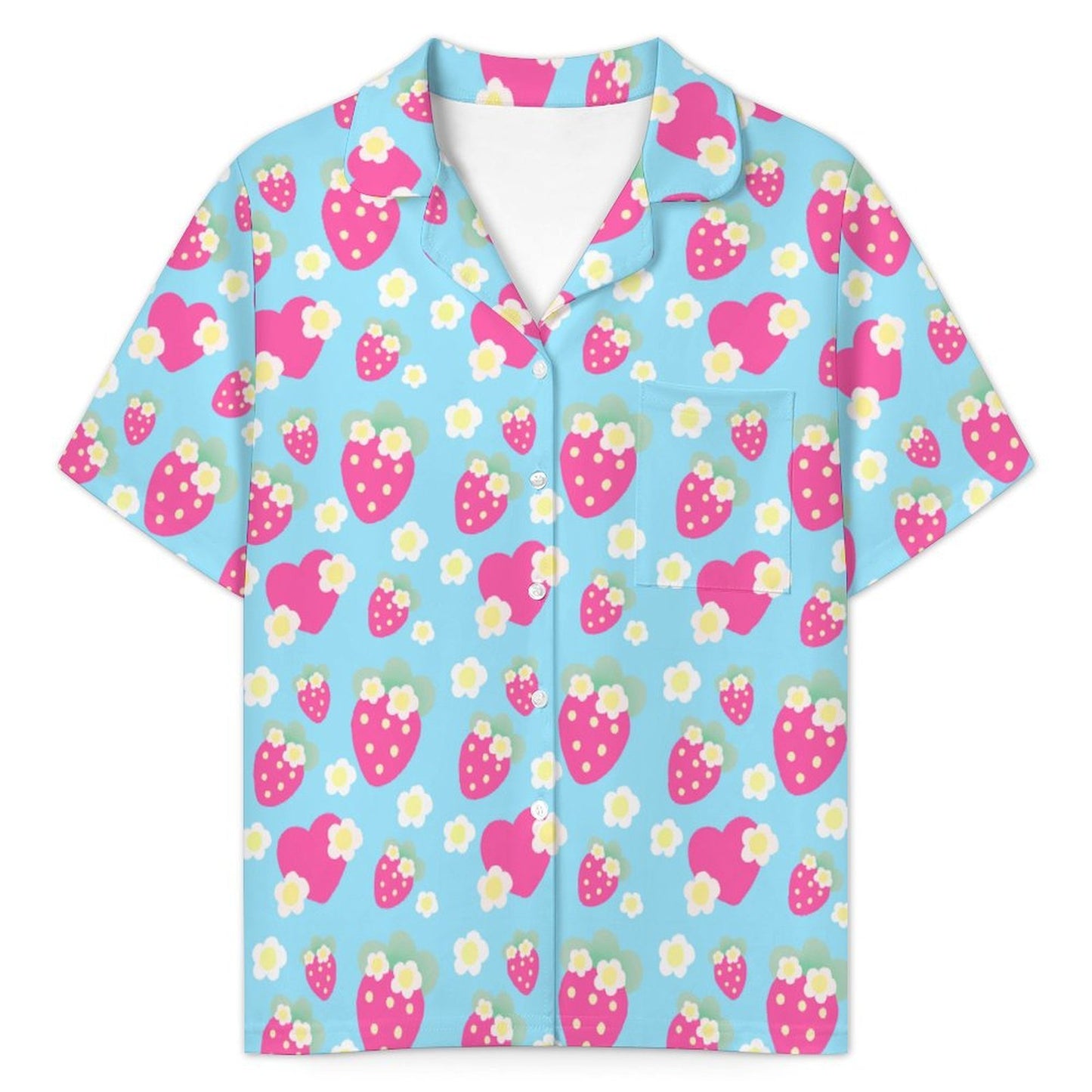 Strawberry Cutie Women's Top & Bottom Pajama Loungewear Set Short Sleeve Button Top Frilly Ruffled Shorts With Pockets (Fruity Berry Blue)