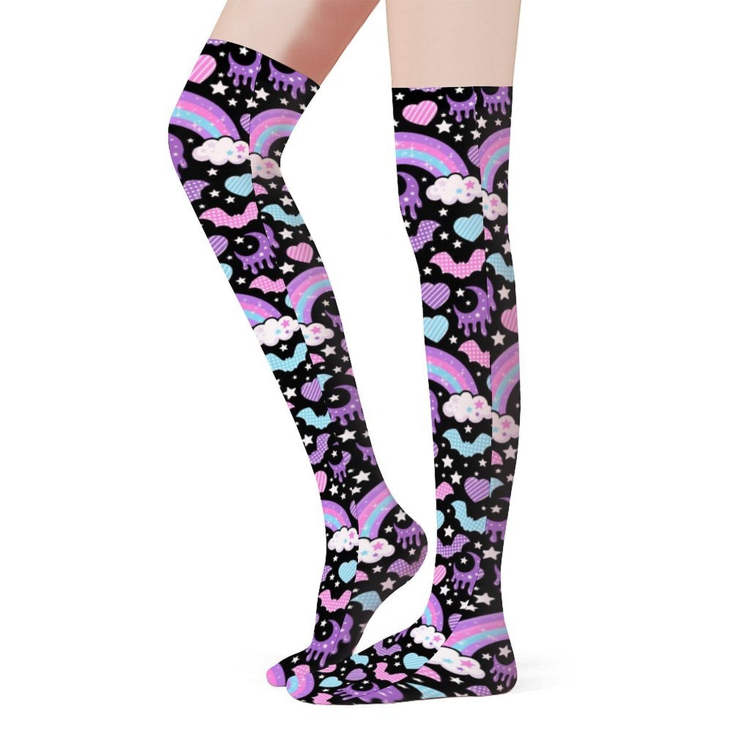 Rainbow Spooky Bats Over Knee Stocking Socks (Black)