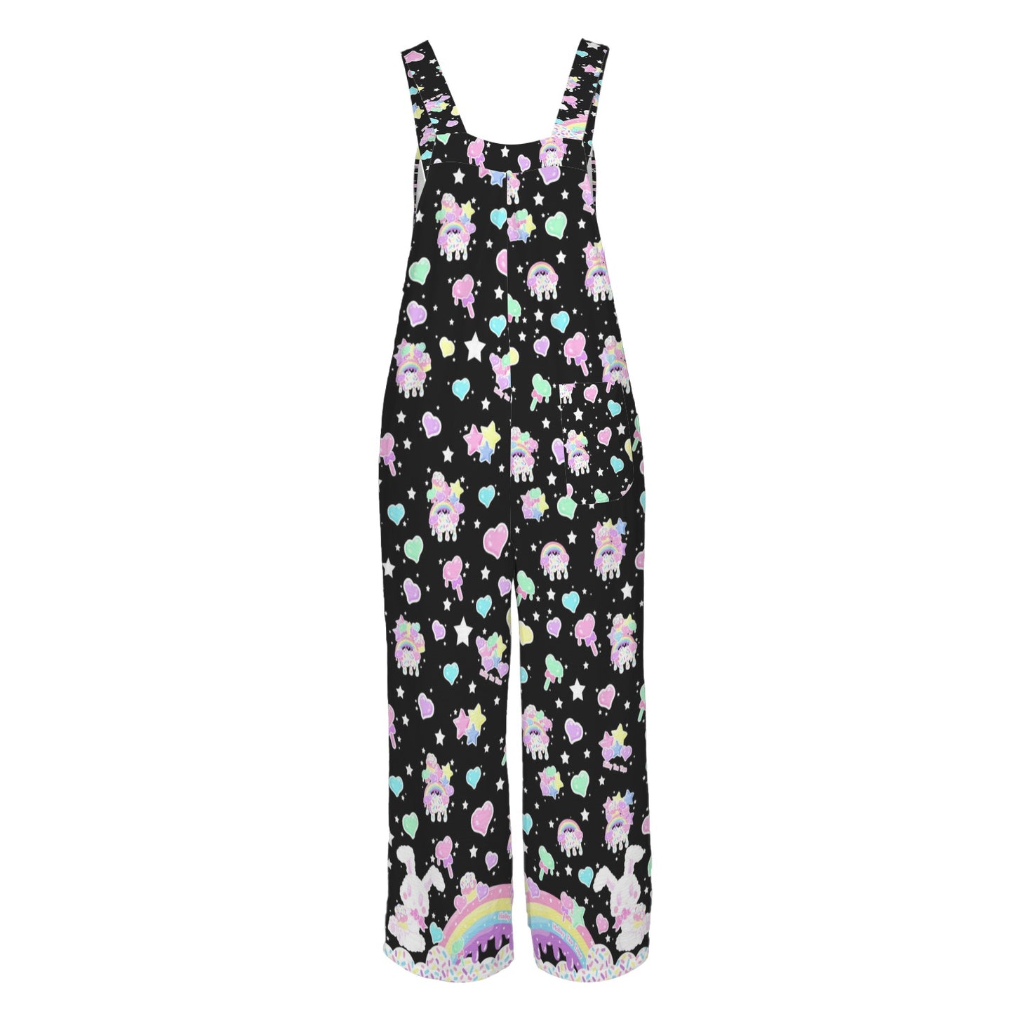 Rainbow Sweets Adjustable Strap Wide Leg Jumpsuit Overalls With Pockets (Black)