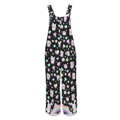 Rainbow Sweets Adjustable Strap Wide Leg Jumpsuit Overalls With Pockets (Black)