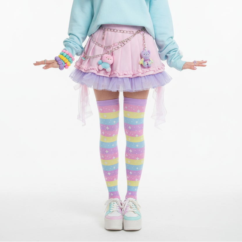 kawaii pastel rainbow over the knee stocking socks pantyhose fairy kei decora kei harajuku fashion cutecore