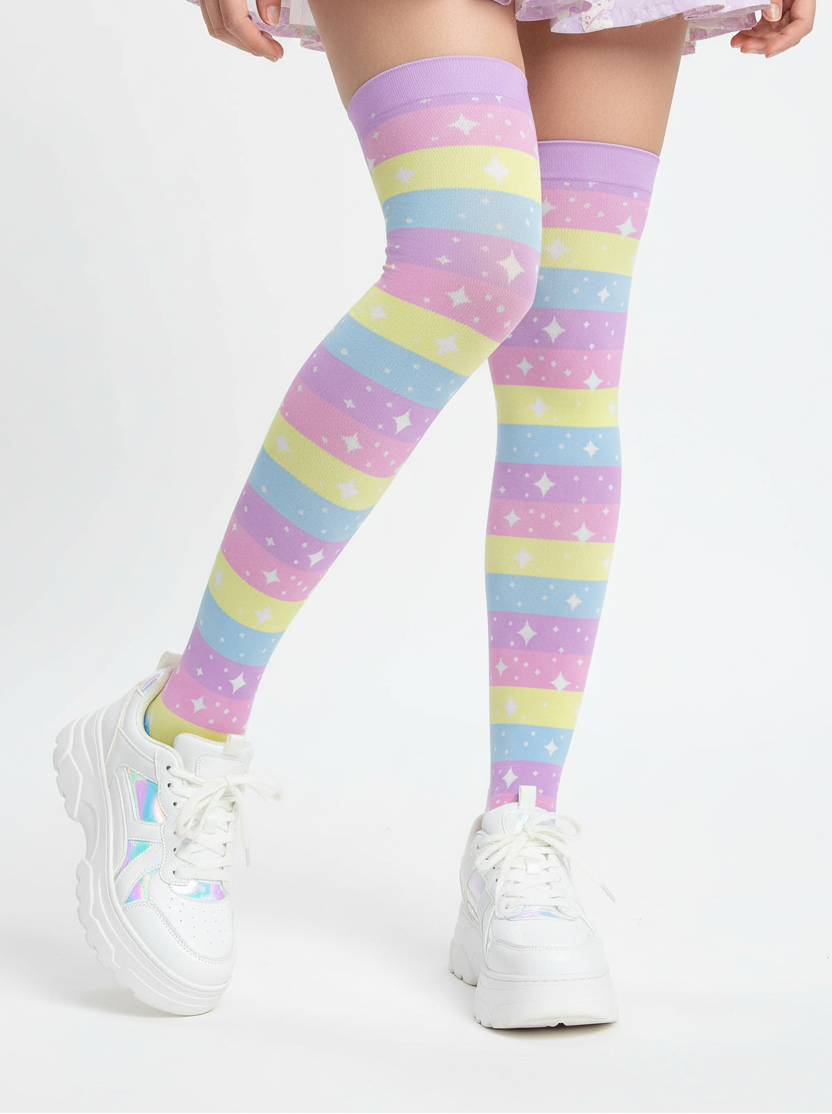 kawaii pastel rainbow over the knee stocking socks pantyhose fairy kei decora kei harajuku fashion cutecore
