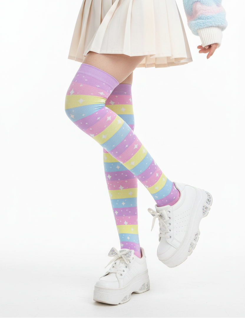 kawaii pastel rainbow over the knee stocking socks pantyhose fairy kei decora kei harajuku fashion cutecore