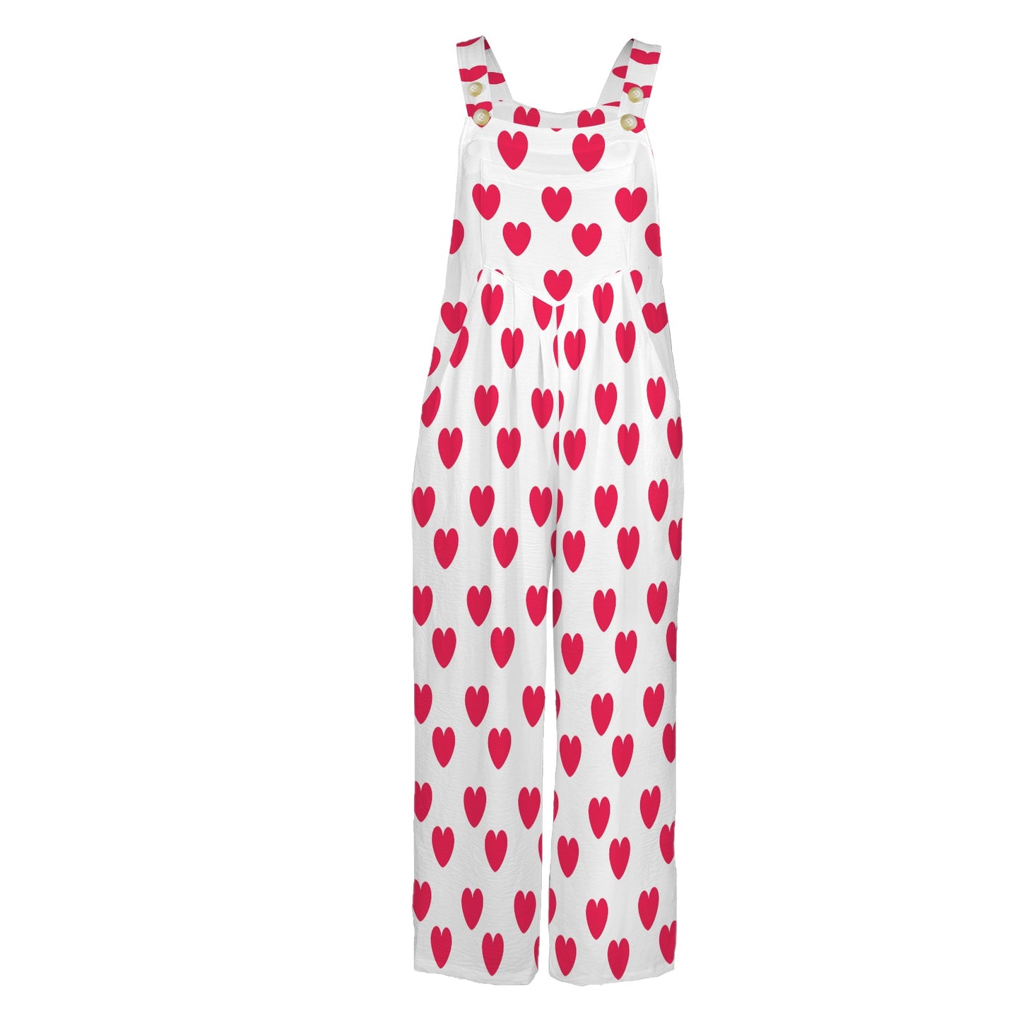 Sweet Love Hearts Adjustable Strap Wide Leg Jumpsuit Overalls With Pockets (Red x White)