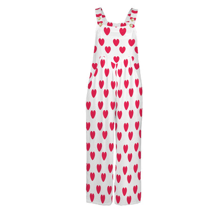 Sweet Love Hearts Adjustable Strap Wide Leg Jumpsuit Overalls With Pockets (Red x White)