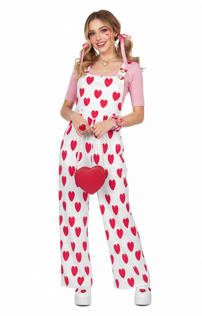 Sweet Love Hearts Adjustable Strap Wide Leg Jumpsuit Overalls With Pockets (Red x White)