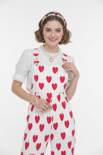 Sweet Love Hearts Adjustable Strap Wide Leg Jumpsuit Overalls With Pockets (Red x White)