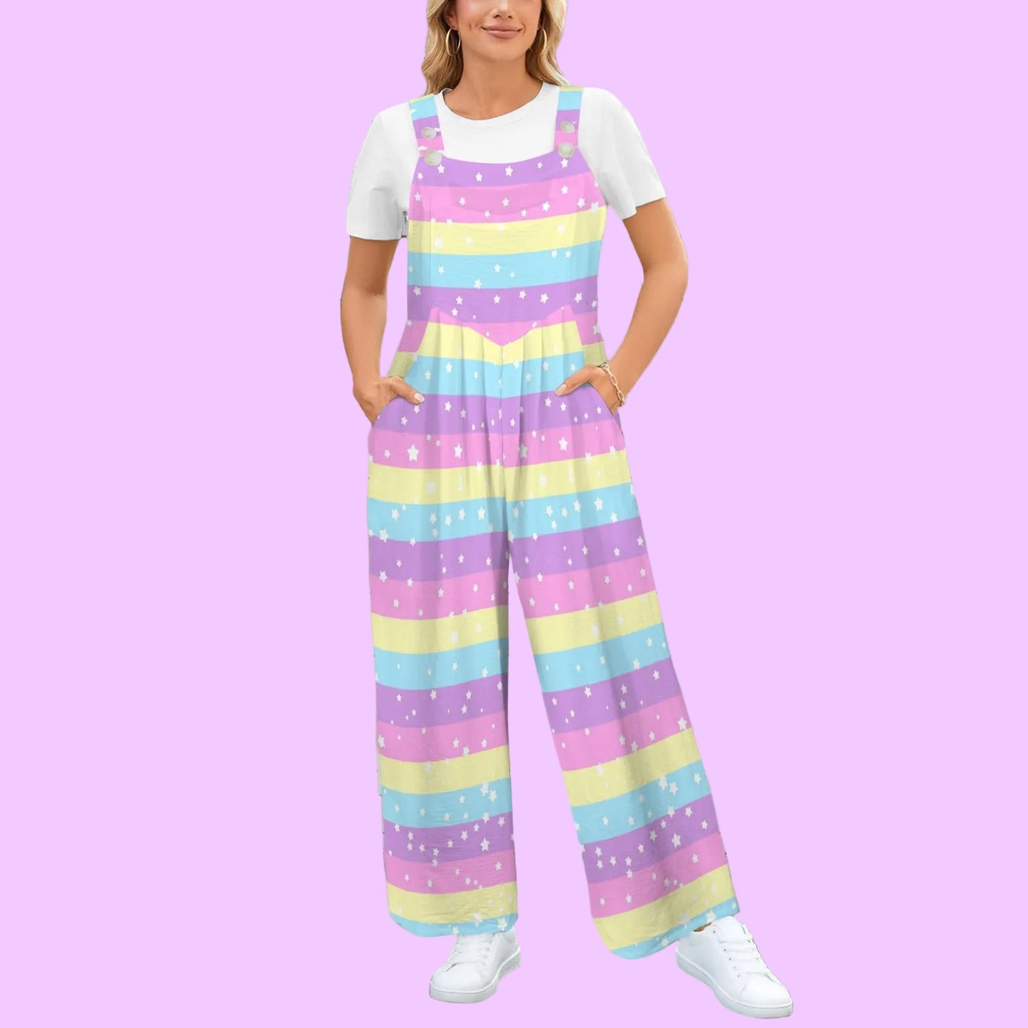 Starry Party Rainbow Adjustable Strap Wide Leg Jumpsuit Overalls With Pockets