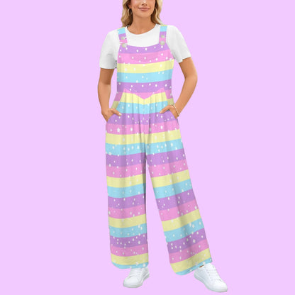 Starry Party Rainbow Adjustable Strap Wide Leg Jumpsuit Overalls With Pockets