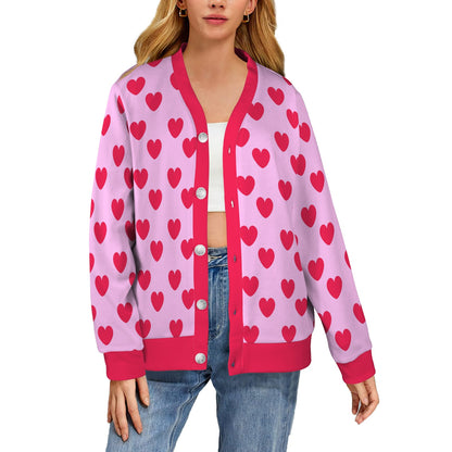 Sweet Love Hearts Ribbed Button Up Cardigan (Red x Pink)