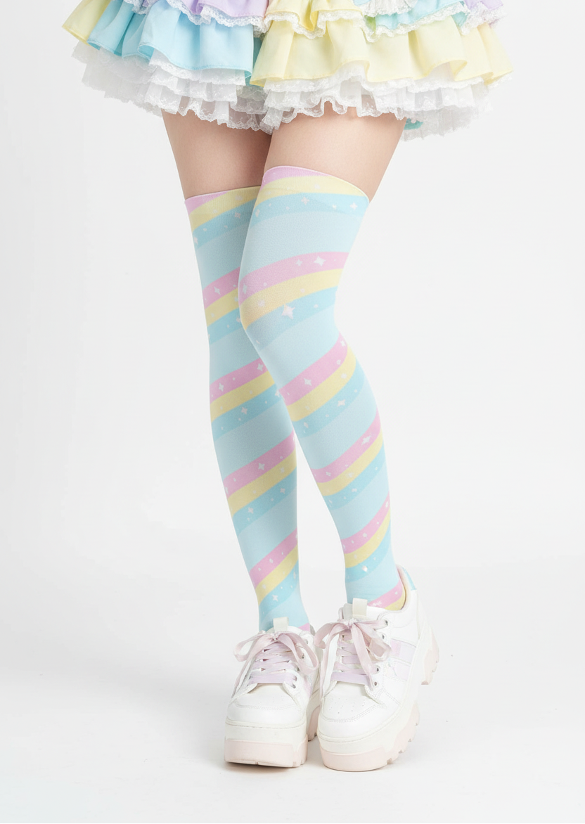 Fairy kei Yumekawaii Kawaii fashion pastel rainbow stripes harajuku fashion jfashion pop kei magical girl mahou shoujo over the knee stocking socks blue