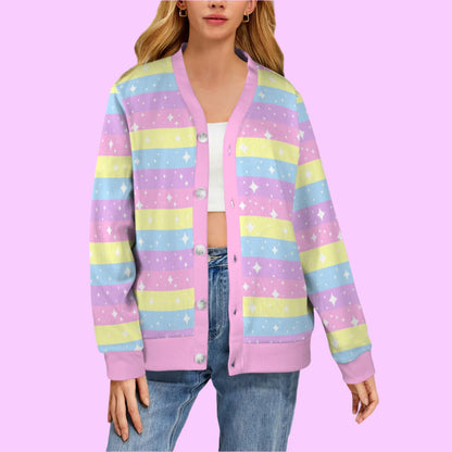 Rainbow Ribbon Women's Ribbed Button Up Cardigan