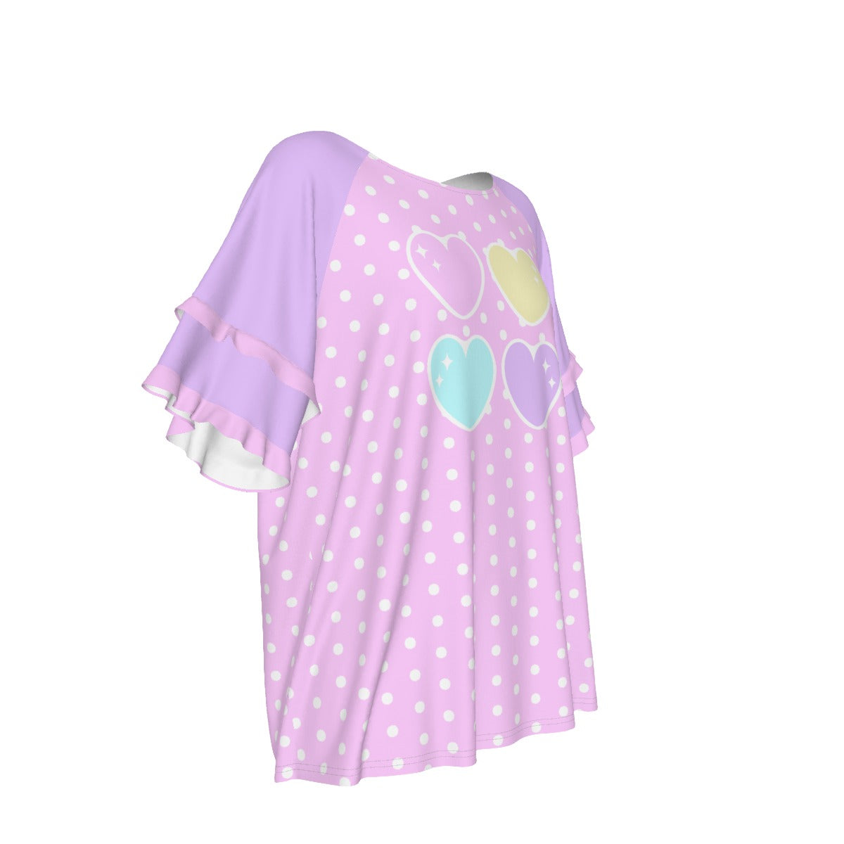 Sweet Love Hearts Pink Round Neck Raglan Sleeve Ruffle Frill T-Shirt (Polka Dots)