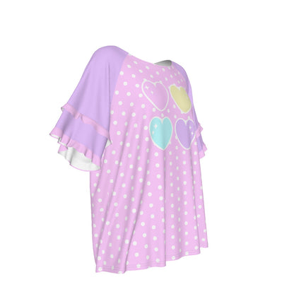 Sweet Love Hearts Pink Round Neck Raglan Sleeve Ruffle Frill T-Shirt (Polka Dots)