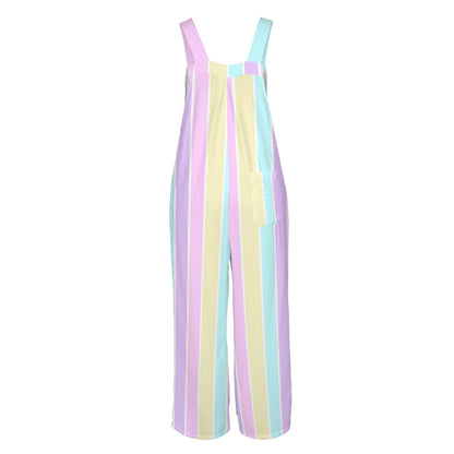 Pastel Stripes Adjustable Strap Wide Leg Jumpsuit Overalls With Pockets