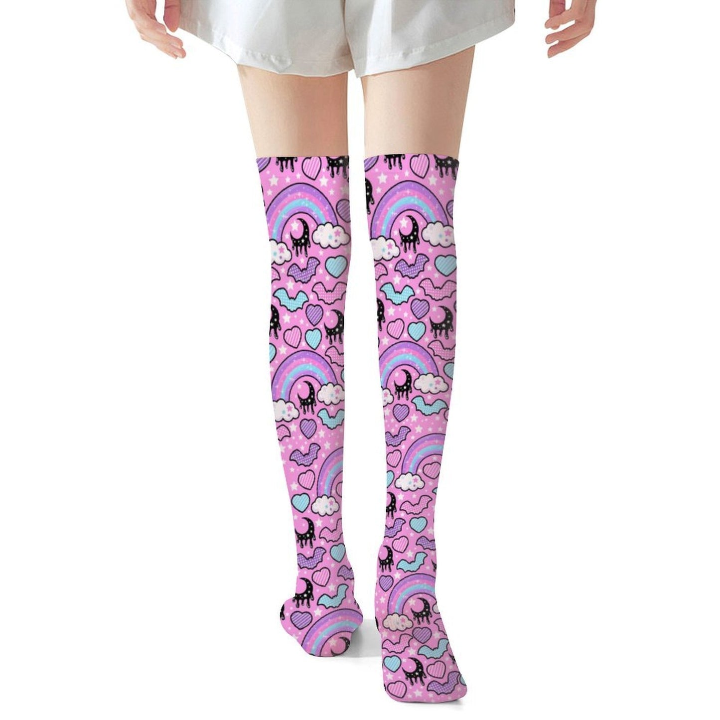 Rainbow Spooky Bats Over Knee Stocking Socks (Pink)