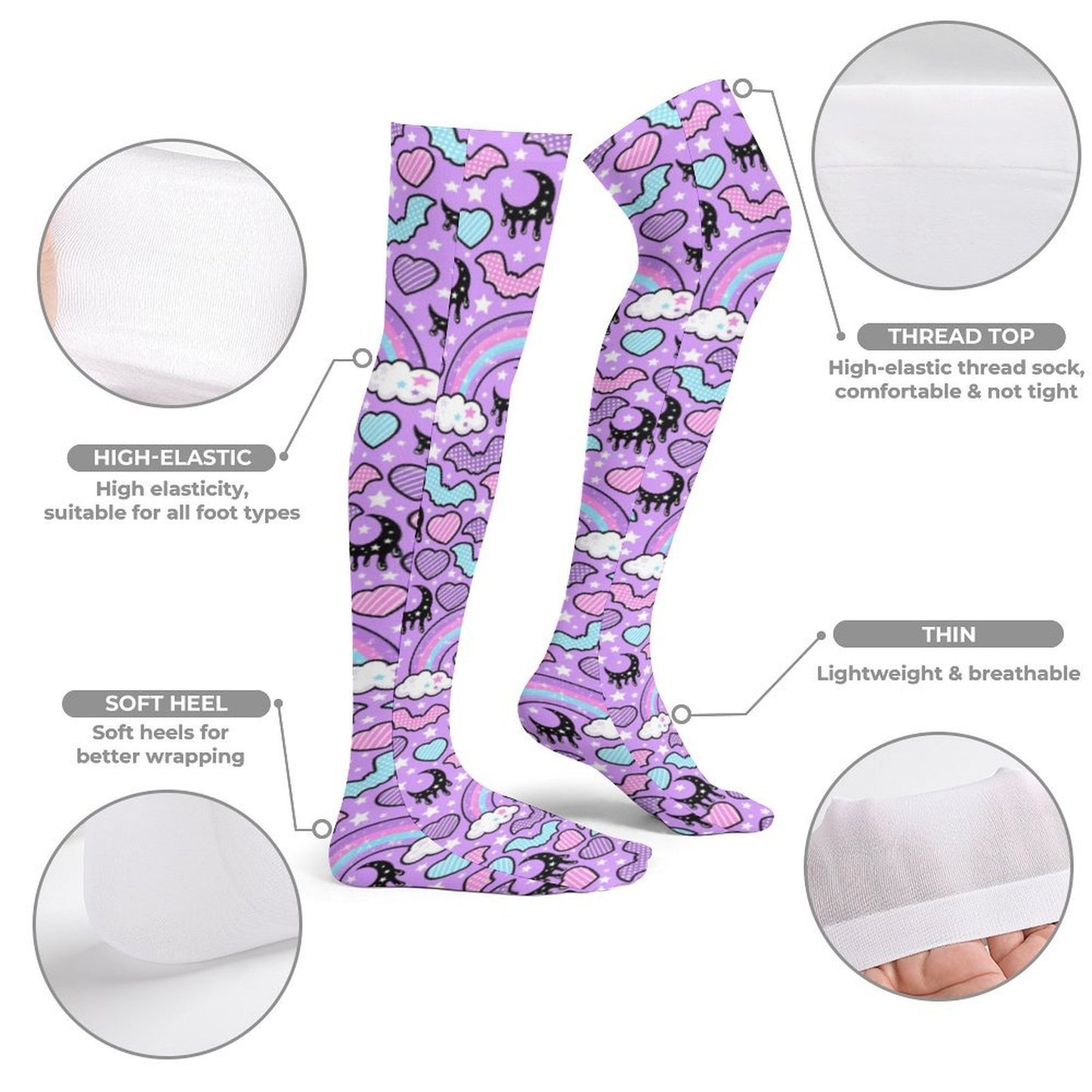 Rainbow Spooky Bats Over Knee Stocking Socks (Purple)