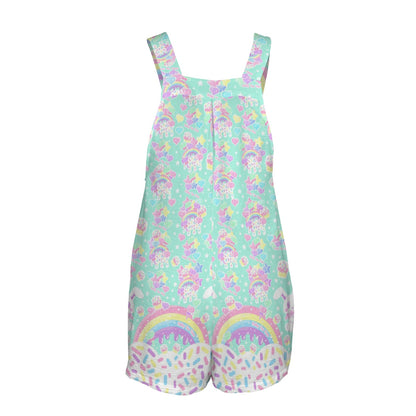 Rainbow Sweets Adjustable Strap Romper Overall Shorts With Pockets (Mint)