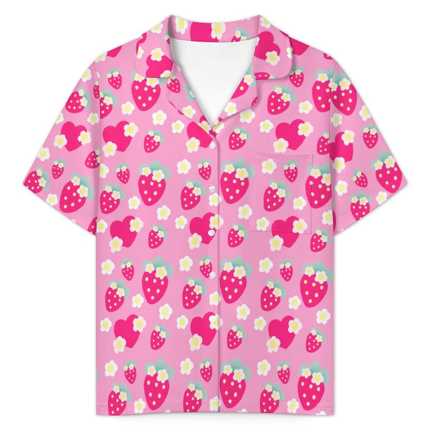 Strawberry Cutie Women's Top & Bottom Pajama Loungewear Set Short Sleeve Button Top Frilly Ruffled Shorts With Pockets (Soda Pop Fruity Berry Pink)