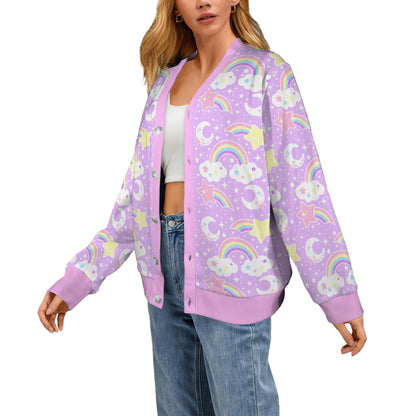 Dreamy Rainbow Women's Ribbed Button Up Cardigan (Purple)