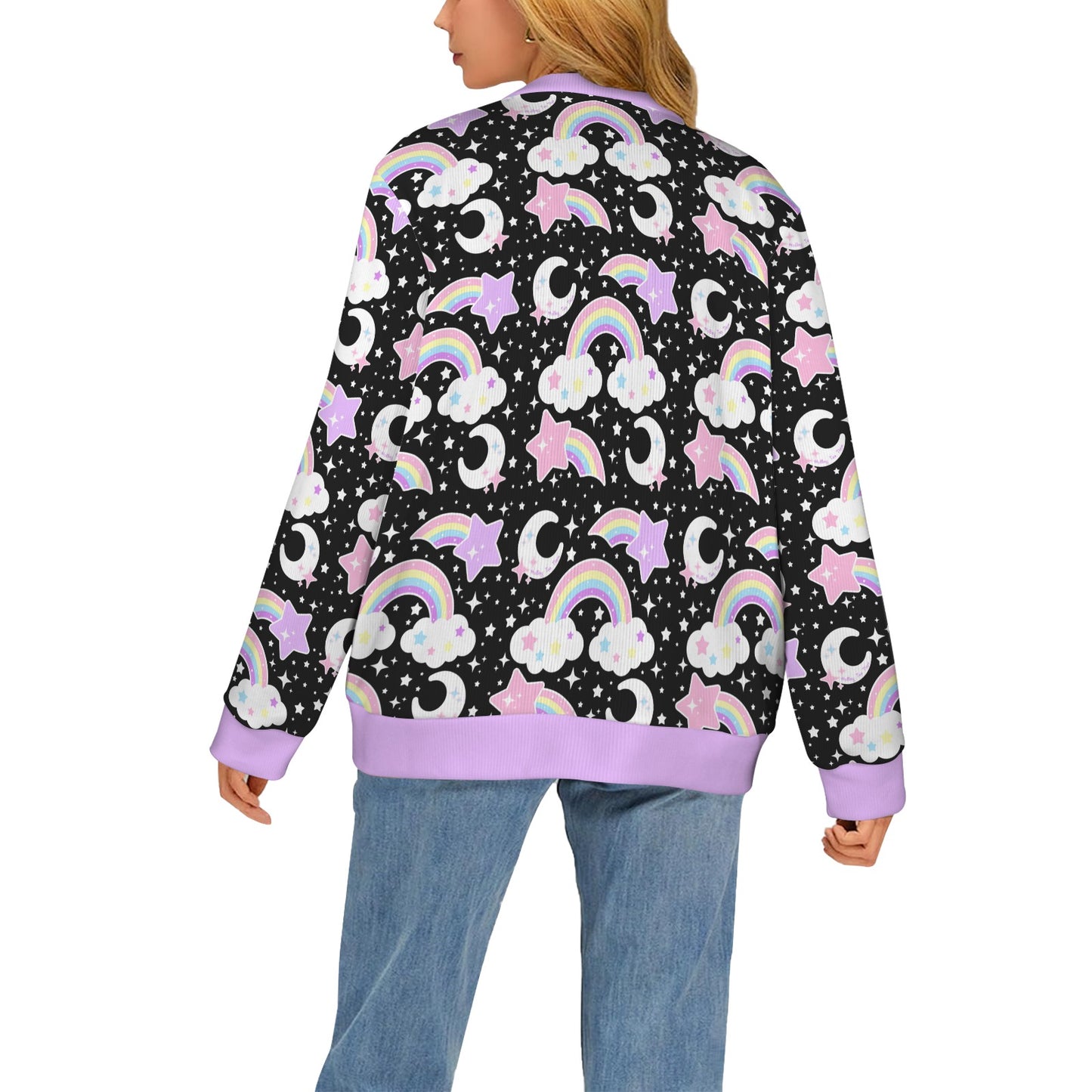 Dreamy Rainbow Women's Ribbed Button Up Cardigan (Black)