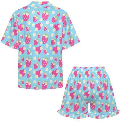 Strawberry Cutie Women's Top & Bottom Pajama Loungewear Set Short Sleeve Button Top Frilly Ruffled Shorts With Pockets (Fruity Berry Blue)